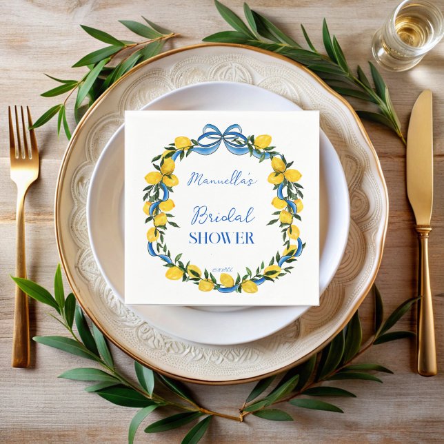 Serviette En Papier Rubans à nœud papillon bleu citrons mariage person (Lemons blue bow ribbon coquette citrus Italian bridal shower monogrammed napkins personalized decor)