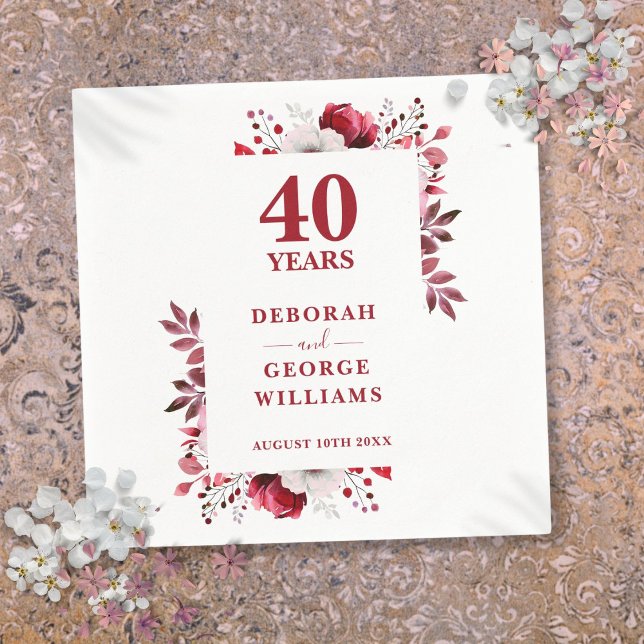 Serviette En Papier Ruby Elegant Floral 40e anniversaire Mariage (Ruby Elegant Floral 40th Wedding Anniversary Napkins)