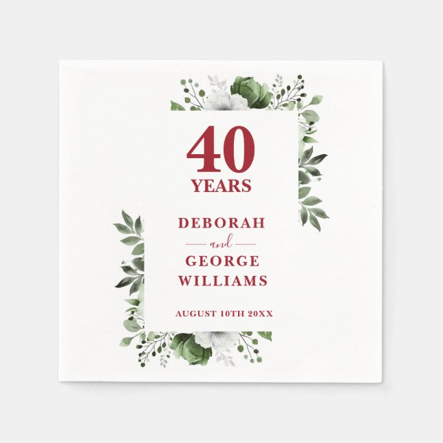 Serviette En Papier Ruby Greenery Floral 40e anniversaire Mariage (Devant)