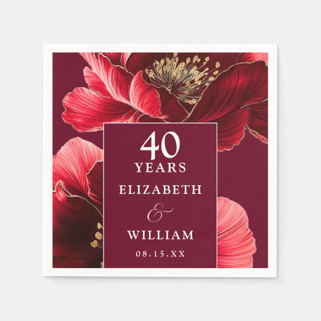 Serviette En Papier Ruby Red Elegant Floral 40e Anniversaire (Devant)