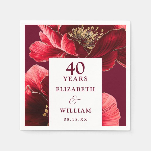 Serviette En Papier Ruby Red Elegant Floral 40e Anniversaire (Devant)