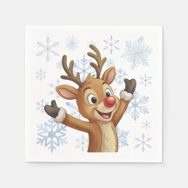Serviette En Papier Rudolph avec flocons de neige bleus (Devant)