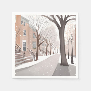 Serviette En Papier Rue de Brownstone Aquarelle d'hiver enneigé
