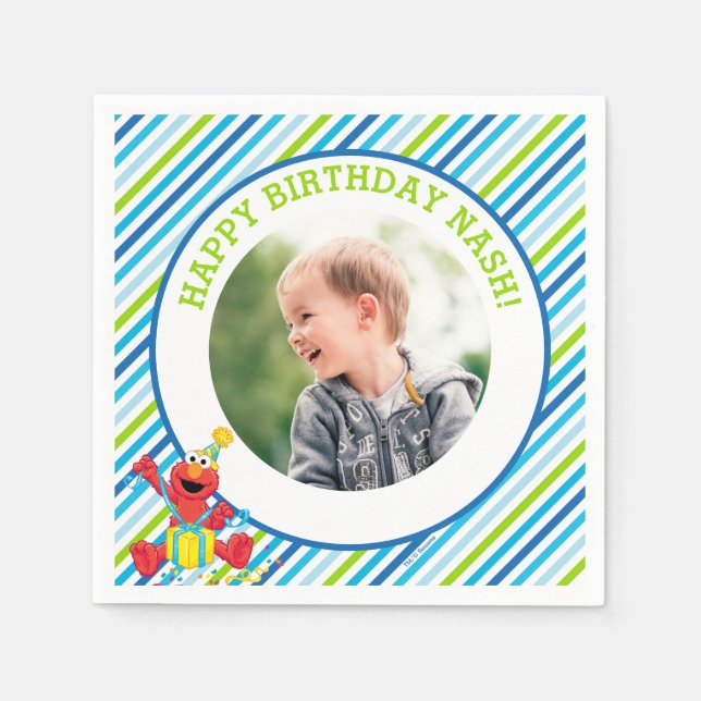 Serviette En Papier Rue Sésame | Elmo - Garçons Anniversaire rayé (Devant)