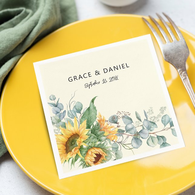 Serviette En Papier Russe Aquarelle Tournesol Mariage Eucalyptus (Rustic Watercolor Sunflower Eucalyptus Wedding Napkins)