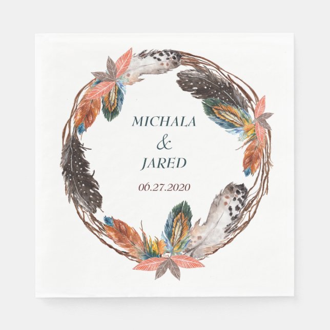 Serviette En Papier Russe Boho Feather Mariage Wreath (Devant)