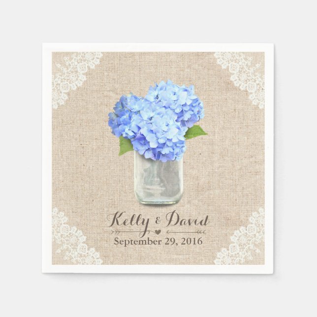 Serviette En Papier Russe Burlap Mason Jar Blue Hydrangea Mariage (Devant)
