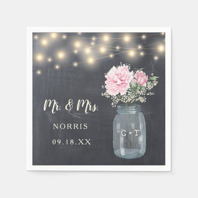 Serviette En Papier Russe Chalkboard Peony Floral Mason Jar | MARIAGE (Devant)