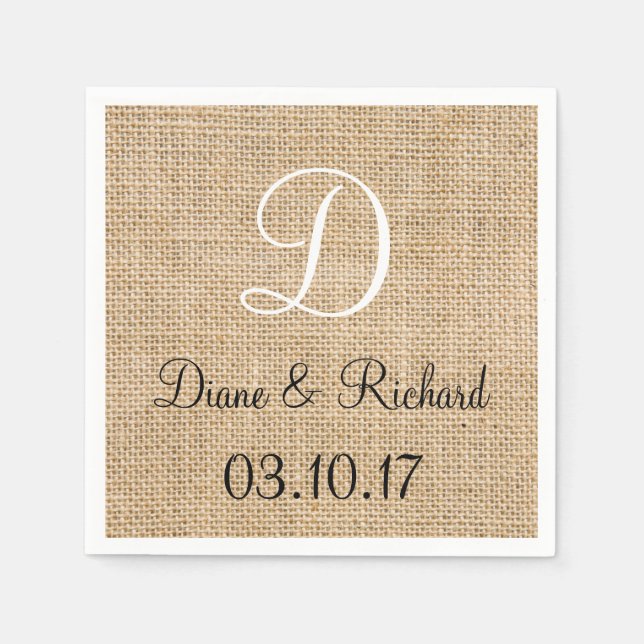 Serviette En Papier Russe Mariage Burlap Nom Date Monogramme (Devant)