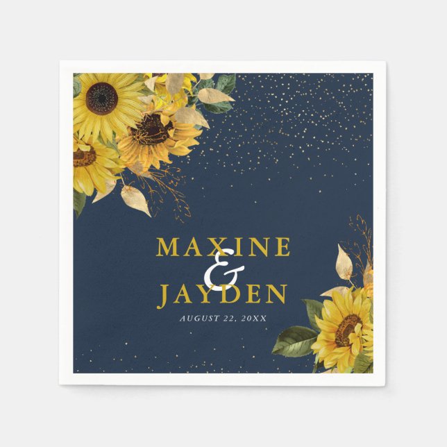Serviette En Papier Russe Navy Blue Sunflower & Gold Confetti Mariage (Devant)