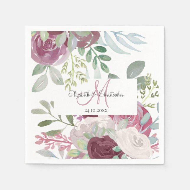 Serviette En Papier Russe Rose Floral Aquarelle Bourgogne Mariage (Devant)