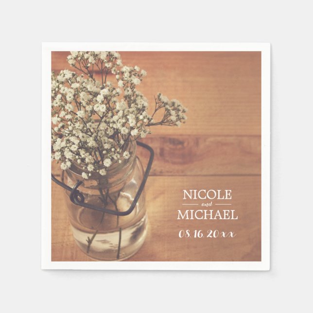 Serviette En Papier Rustic Baby's Breath Mason Jar Mariage en bois (Devant)