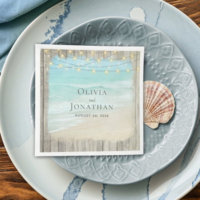 Serviette En Papier Rustic Beach Bois Chaîne Lumières Vagues Mariage (Créateur téléchargé)