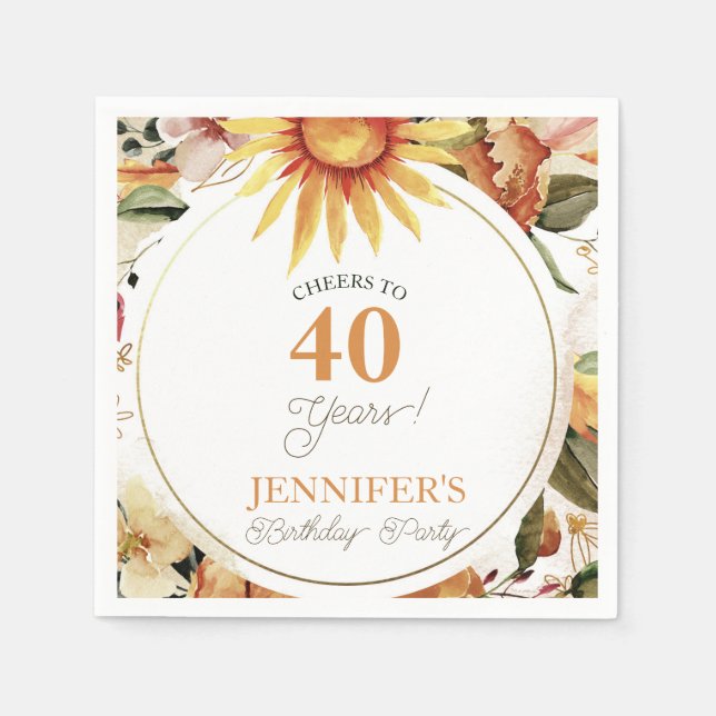 Serviette En Papier Rustic Boho Autumn Sunflower 40e fête d'anniversai (Devant)