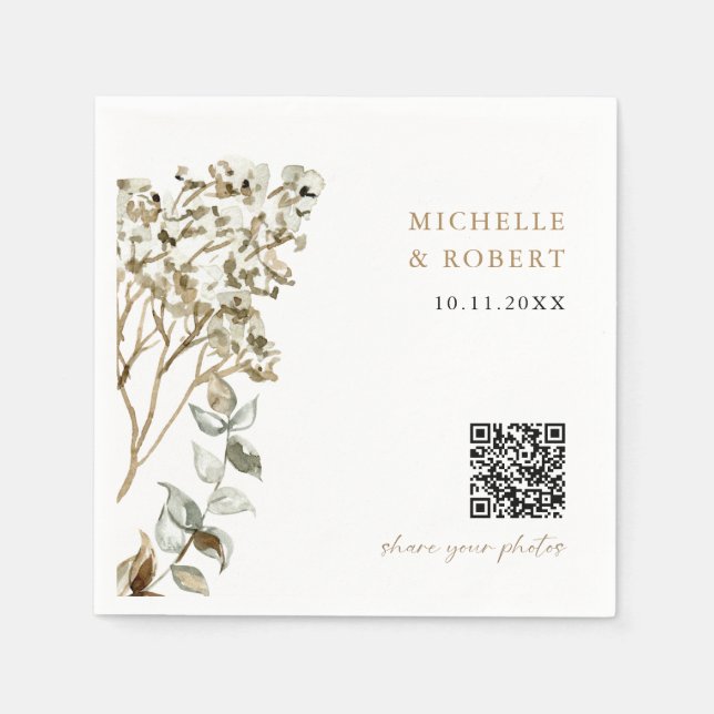 Serviette En Papier Rustic Botanical QR Code Share your Photos Wedding (Devant)