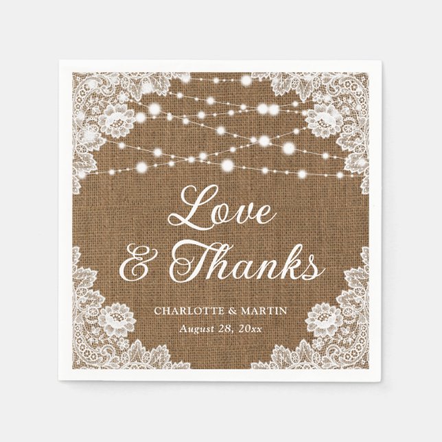 Serviette En Papier Rustic Burlap Lace Love and Thanks Mariage (Devant)