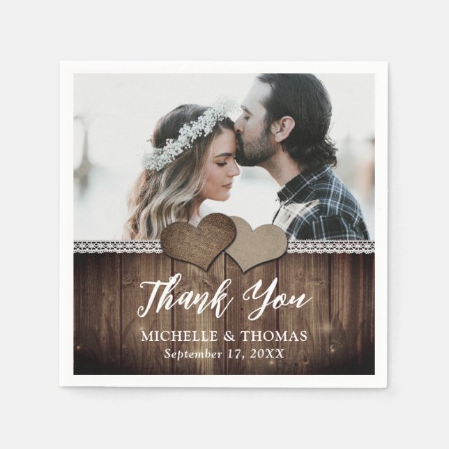 Serviette En Papier Rustic Country Bois Burlap Dentelle Mariage Photo (Devant)