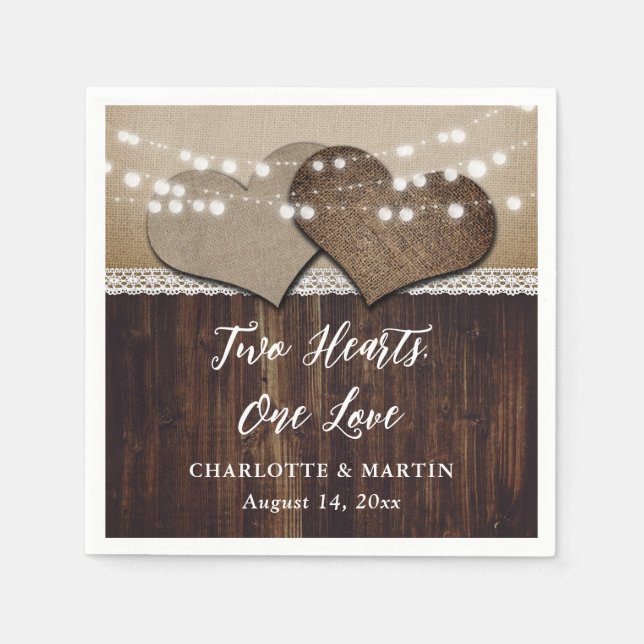 Serviette En Papier Rustic Country Bois Burlap et Mariage de dentelle (Devant)