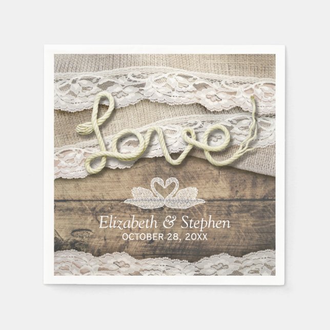 Serviette En Papier Rustic Country Wood Love Mariage de dentelle Burla (Devant)