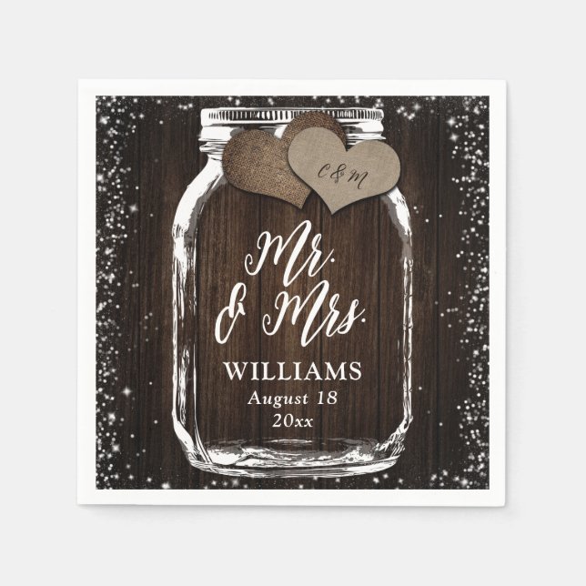 Serviette En Papier Rustic Country Wood Mason Jar Mr & Mrs Mariage (Devant)