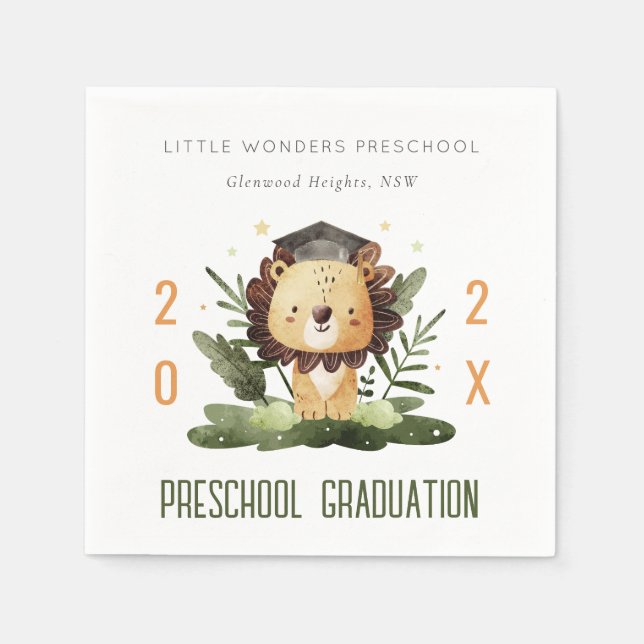 Serviette En Papier Rustic Cute Kids Lion Foliage Préscolaire Graduati (Devant)