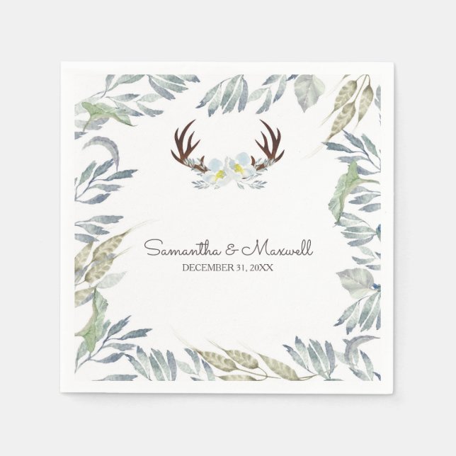 Serviette En Papier RUSTIC Deer Antler et verdure, Bleu (Devant)