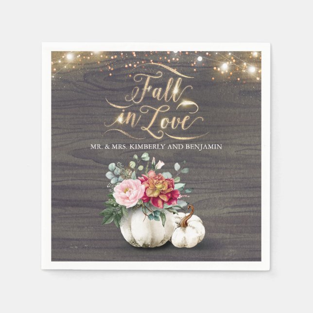 Serviette En Papier Rustic Fall Blanc Floral Citrouille Mariage Napkin (Devant)
