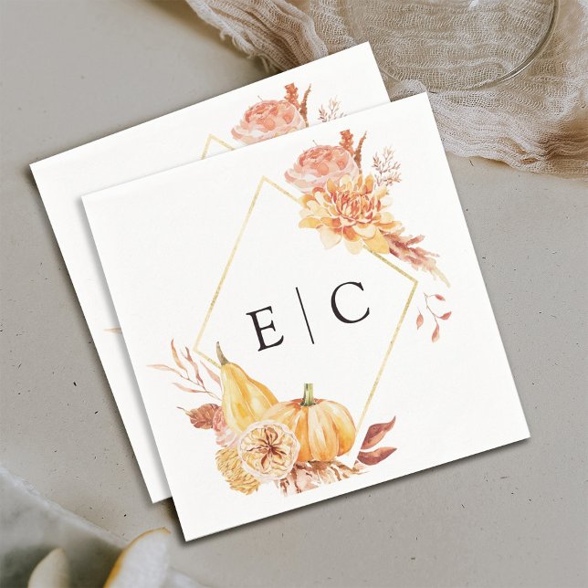 Serviette En Papier Rustic Fall Gold Floral Citrouille Mariage Monogra (Créateur téléchargé)