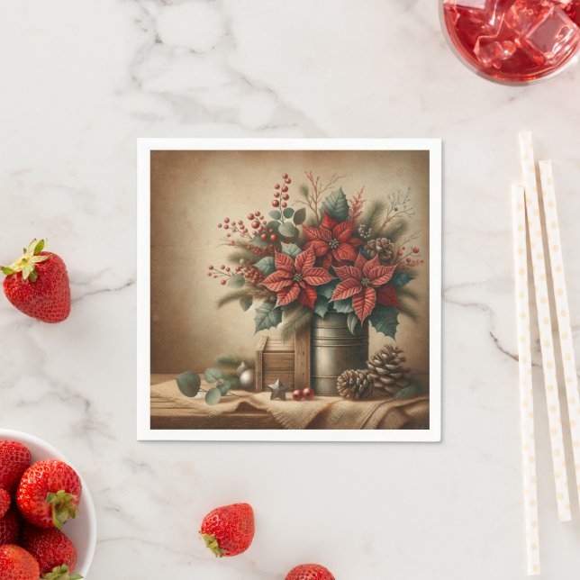 Serviette En Papier Rustic Farmhouse Holiday Poinsettia Découpage (En situation)