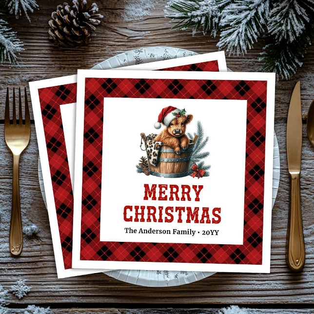 Serviette En Papier Rustic highland cow red black plaid Xmas napkin (Rustic highland cow red black plaid Xmas napkin)