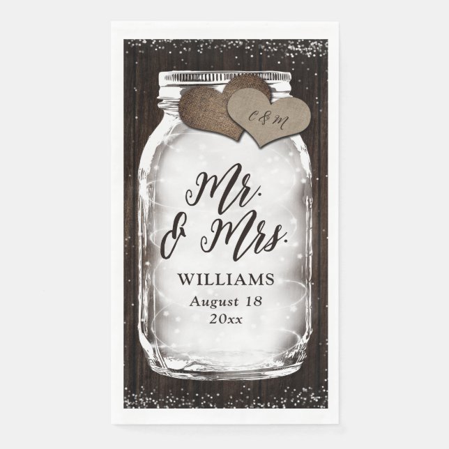 Serviette En Papier Rustic Mason Jar Barn Wood Mr & Mrs Mariage (Devant)