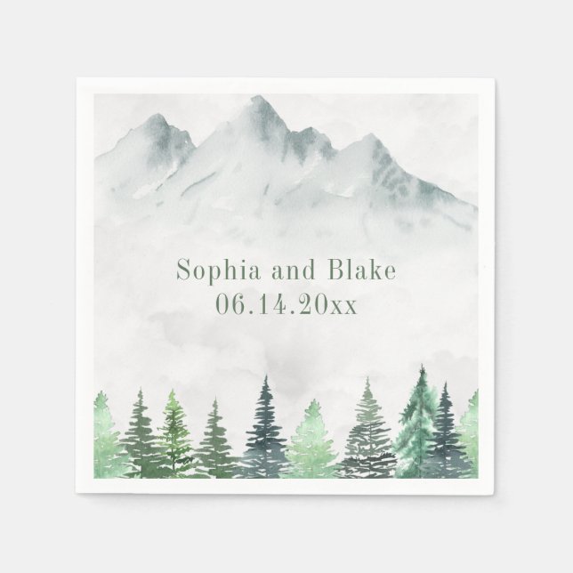 Serviette En Papier Rustic Mountains et Mariage d'aquarelle de forêt (Devant)