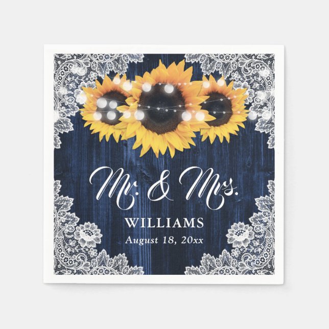 Serviette En Papier Rustic Navy Blue Sunflower Lace Mr and Mrs Wedding (Devant)