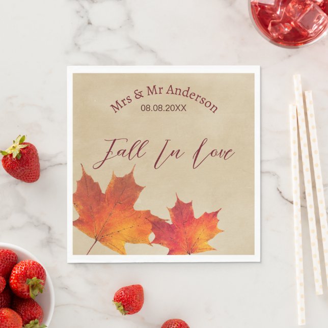 Serviette En Papier Rustic Orange Fall in Love Feuille Automne Mariage (En situation)