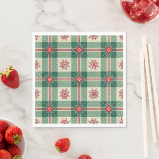 Serviette En Papier Rustic Plaid Snowflakes Green Holiday Pattern