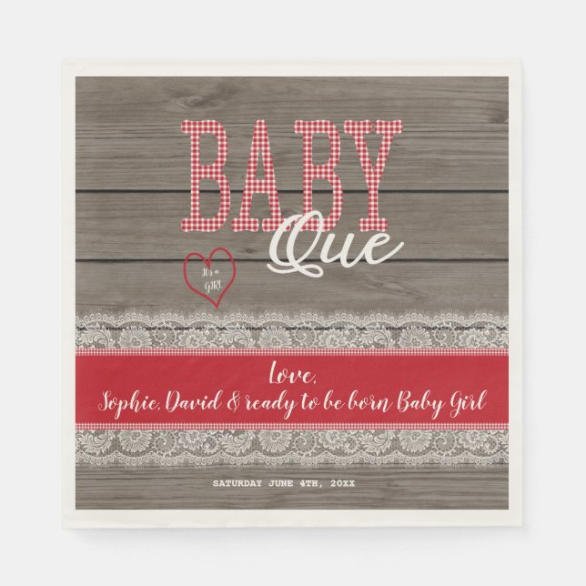 Serviette En Papier Rustic Red En vichy Wood Boy Baby shower BBQ (Devant)