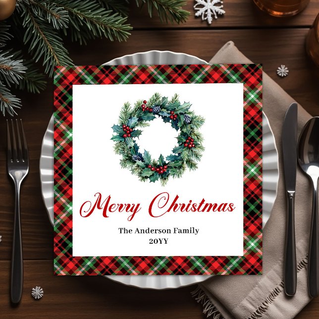 Serviette En Papier Rustic Red Green Plaid Christmas Wreath Napkins (Rustic Red Green Plaid Christmas Wreath Napkins)
