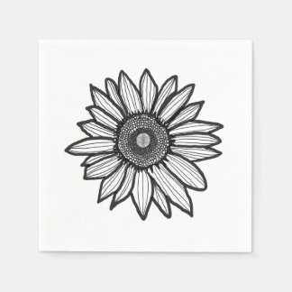 Serviette En Papier Rustic Sunflower Floral Black & White Napkin