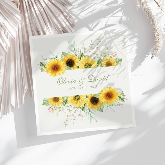 Serviette En Papier Rustic Sunflower Mariage (Rustic Sunflower Delight Wedding Paper Dinner Napkins on a sunny white table.)