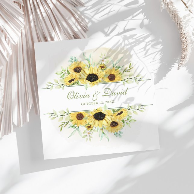 Serviette En Papier Rustic Sunflower Mariage (Rustic Sunflower Delight Wedding Paper Dinner Napkins on a sunny white table.)
