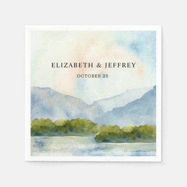 Serviette En Papier Rustic Watercolor Mountains Lake Mariage d'hiver (Devant)