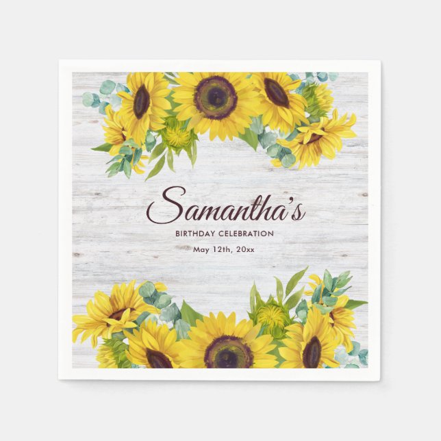 Serviette En Papier Rustic Watercolor Sunflower Birthday Party  (Devant)