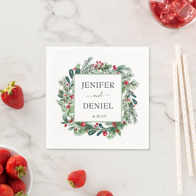 Serviette En Papier Rustic Winter Berry Pine Mariage de verdure (En situation)