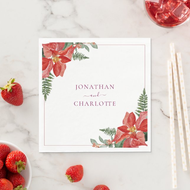 Serviette En Papier Rustic Winter Poinsettia Red Christmas Wedding (En situation)