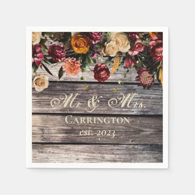Serviette En Papier Rustic Wood Floral Mr & Mrs Mariage (Devant)
