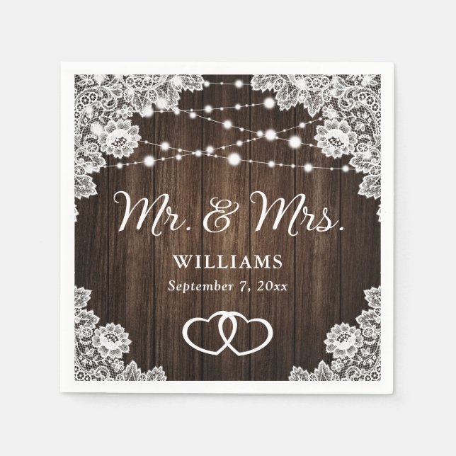 Serviette En Papier Rustic Wood Hearts Dentelle String Mariage (Devant)