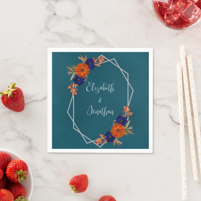 Serviette En Papier Rustique Automne Orange Navy Bleu Floral Mariage (En situation)