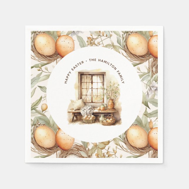 Serviette En Papier Rustique Beige de Pâques Nom de famille personnali (Devant)