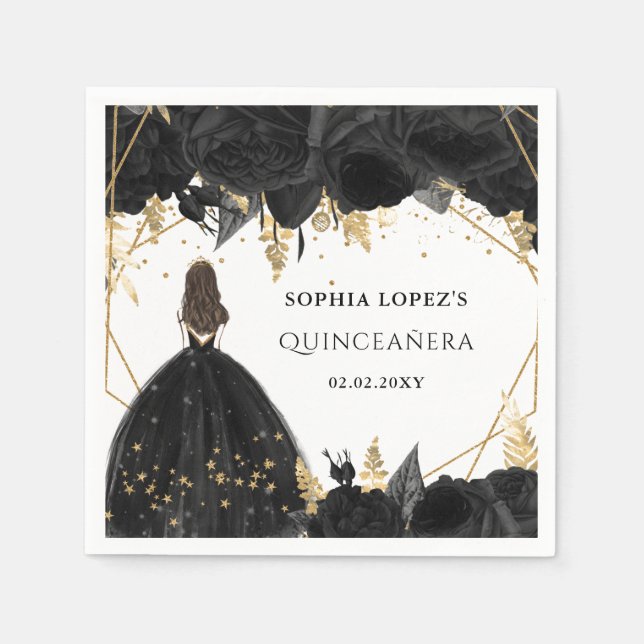 Serviette En Papier Rustique Black Gold Floral Princesse Quinceanera (Devant)