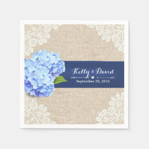 Serviette En Papier Rustique Blue Hydrangea dentelle & Mariage Burlap